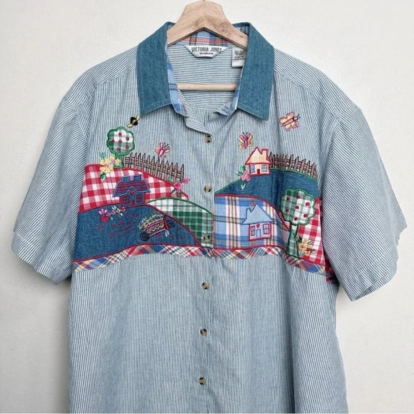 Victoria Jones  Woman 22W Short Sleeve Cotton Button Shirt Embroidery Cottage - Picture 2 of 12